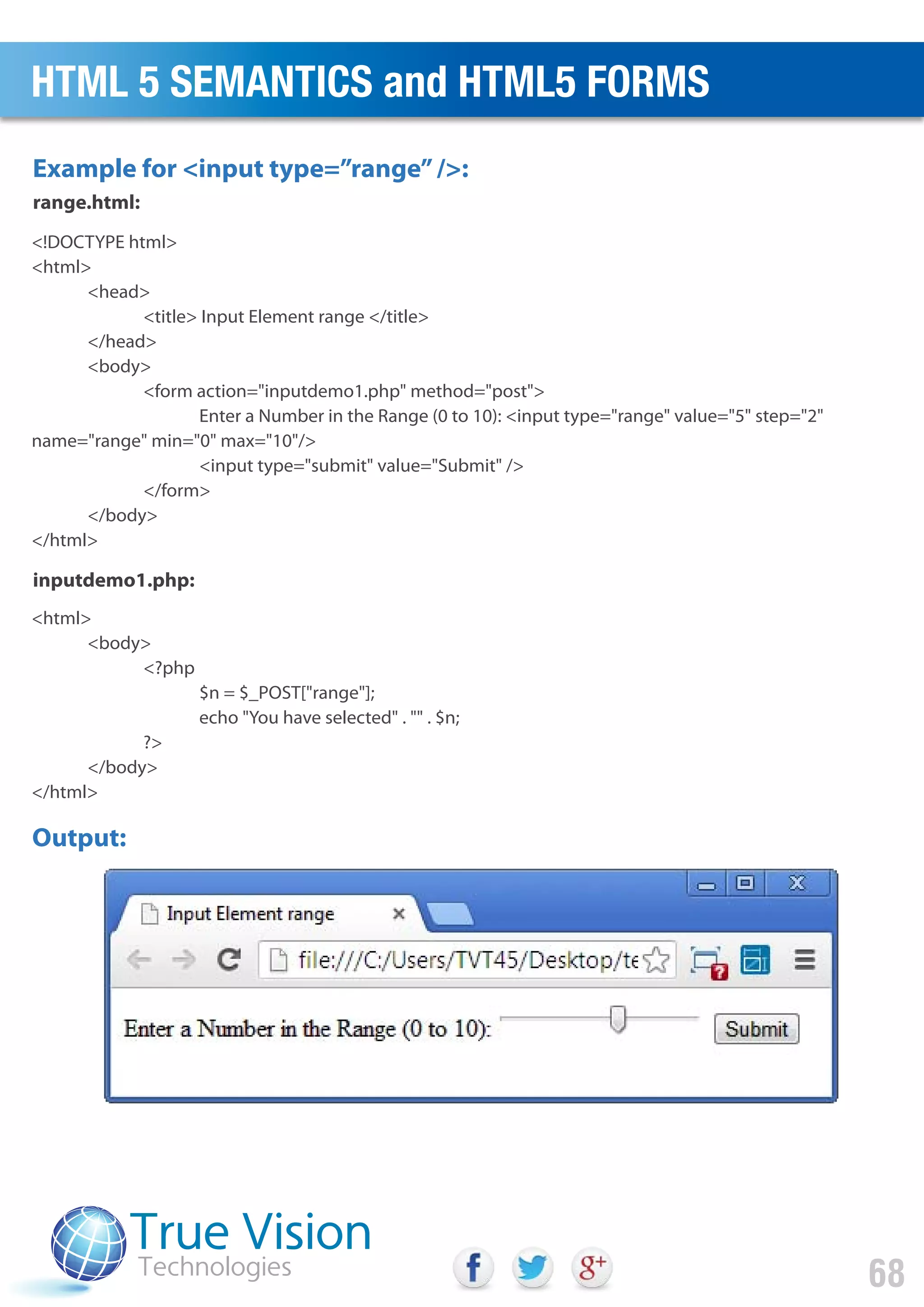 <!DOCTYPE html>
<html>
<head>
<title> Input Element range </title>
</head>
<body>
<form action="inputdemo1.php" method="post">
Enter a Number in the Range (0 to 10): <input type="range" value="5" step="2"
name="range" min="0" max="10"/>
<input type="submit" value="Submit" />
</form>
</body>
</html>
<html>
<body>
<?php
$n = $_POST["range"];
echo "You have selected" . "" . $n;
?>
</body>
</html>
Output:
Example for <input type=”range”/>:
range.html:
inputdemo1.php:
HTML 5 SEMANTICS and HTML5 FORMS
68
 
