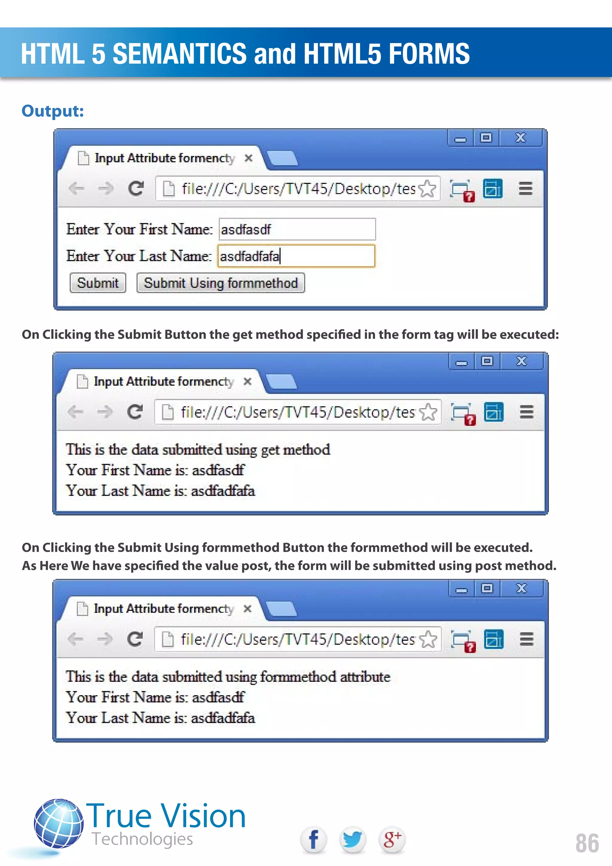 On Clicking the Submit Button the get method specified in the form tag will be executed:
On Clicking the Submit Using formmethod Button the formmethod will be executed.
As Here We have specified the value post, the form will be submitted using post method.
Output:
HTML 5 SEMANTICS and HTML5 FORMS
86
 