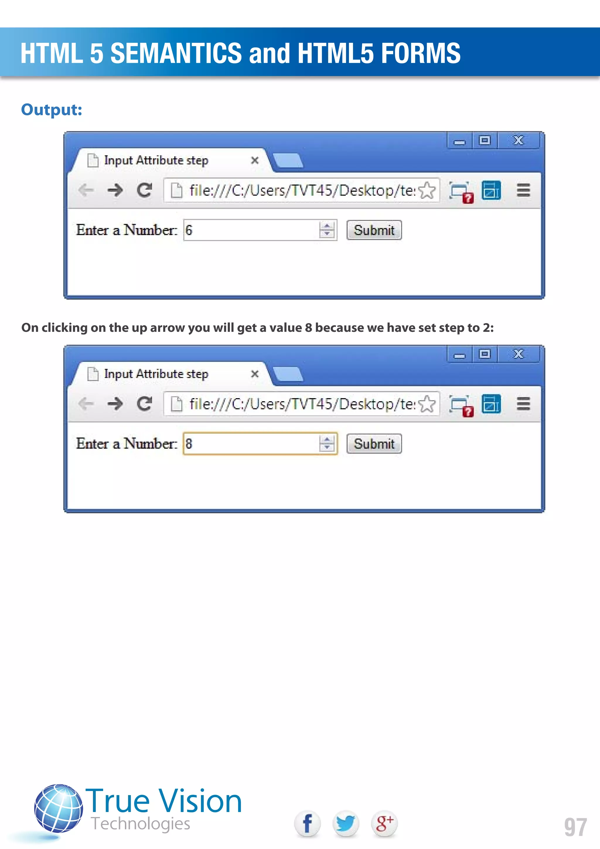 On clicking on the up arrow you will get a value 8 because we have set step to 2:
Output:
HTML 5 SEMANTICS and HTML5 FORMS
97
 
