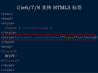 让ie6/7/8 支持 HTML5 标签
<html>
<head>
<style>
  figure { color:orange; }
</style>
<script>document.createElement("figure");</script>
</head>
<body>
<figure>
  淘宝网！
</figure>
</body>
</html>
 