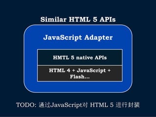 Similar HTML 5 APIs

      JavaScript Adapter

         HMTL 5 native APIs

        HTML 4 + JavaScript +
              Flash…




TODO: 通过JavaScript对 HTML 5 进行封装
 