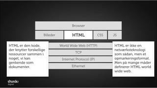 HTML

              Som med al teknologi er HTML født

www           og formet af nogle behov. HTML
              deﬁnerer...