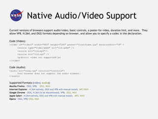 Native Audio/Video Support
Current versions of browsers support audio/video, basic controls, a poster for video, duration hint, and more. They
allow VP8, H.264, and OGG formats depending on browser, and allow you to specify a codec in the declaration.

Code (Video):
<video id="video1" width="480" height="260" poster=”firstframe.jpg" durationHint=”59" >
      <source type="video/webm" src=“vid.webm" />
      <source src=“vid.mp4"/>
      <source src=“vid.ogv" />
      <p>Error: video not supported</p>
</video>


Code (Audio):
<audio src="song.ogg" controls="controls">
      Your browser does not support the audio element.
</audio>


Supported Formats (video; audio):
Mozilla Firefox – OGG, VP8; OGG, WAV
Internet Explorer – H.264 natively, OGG and VP8 with manual install; MP3 WAV
Google Chrome – OGG, H.264 (to be discontinued), VP8; OGG, WAV
Apple Safari – H.264 natively, OGG and VP8 with manual install; MP3, WAV
Opera – OGG, VP8; OGG, WAV
 