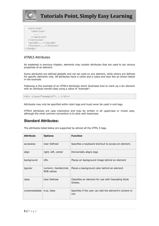 Tutorials Point, Simply Easy Learning

   <article>
     <section>
       ...
     </section>
   </article>
   <aside>...</aside>
   <footer>...</footer>
 </body>


HTML5 Attributes
As explained in previous chapter, elements may contain attributes that are used to set various
properties of an element.

Some attributes are defined globally and can be used on any element, while others are defined
for specific elements only. All attributes have a name and a value and look like as shown below
in the example.

Following is the example of an HTML5 attributes which illustrates how to mark up a div element
with an attribute named class using a value of "example":


<div class="example">...</div>


Attributes may only be specified within start tags and must never be used in end tags.

HTML5 attributes are case insensitive and may be written in all uppercase or mixed case,
although the most common convention is to stick with lowercase.


Standard Attributes:
The attributes listed below are supported by almost all the HTML 5 tags.


Attribute        Options                 Function


accesskey        User Defined            Specifies a keyboard shortcut to access an element.


align            right, left, center     Horizontally aligns tags


background       URL                     Places an background image behind an element


bgcolor          numeric, hexidecimal,   Places a background color behind an element
                 RGB values


class            User Defined            Classifies an element for use with Cascading Style
                                         Sheets.


contenteditable true, false              Specifies if the user can edit the element's content or
                                         not.




5|Page
 
