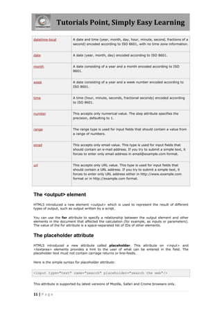 Tutorials Point, Simply Easy Learning
11 | P a g e
datetime-local A date and time (year, month, day, hour, minute, second, fractions of a
second) encoded according to ISO 8601, with no time zone information.
date A date (year, month, day) encoded according to ISO 8601.
month A date consisting of a year and a month encoded according to ISO
8601.
week A date consisting of a year and a week number encoded according to
ISO 8601.
time A time (hour, minute, seconds, fractional seconds) encoded according
to ISO 8601.
number This accepts only numerical value. The step attribute specifies the
precision, defaulting to 1.
range The range type is used for input fields that should contain a value from
a range of numbers.
email This accepts only email value. This type is used for input fields that
should contain an e-mail address. If you try to submit a simple text, it
forces to enter only email address in email@example.com format.
url This accepts only URL value. This type is used for input fields that
should contain a URL address. If you try to submit a simple text, it
forces to enter only URL address either in http://www.example.com
format or in http://example.com format.
The <output> element
HTML5 introduced a new element <output> which is used to represent the result of different
types of output, such as output written by a script.
You can use the for attribute to specify a relationship between the output element and other
elements in the document that affected the calculation (for example, as inputs or parameters).
The value of the for attribute is a space-separated list of IDs of other elements.
The placeholder attribute
HTML5 introduced a new attribute called placeholder. This attribute on <input> and
<textarea> elements provides a hint to the user of what can be entered in the field. The
placeholder text must not contain carriage returns or line-feeds.
Here is the simple syntax for placeholder attribute:
<input type="text" name="search" placeholder="search the web"/>
This attribute is supported by latest versions of Mozilla, Safari and Crome browsers only.
 