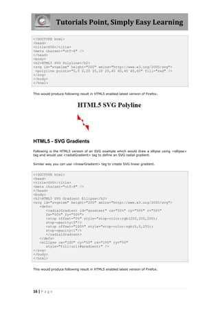 Tutorials Point, Simply Easy Learning
16 | P a g e
<!DOCTYPE html>
<head>
<title>SVG</title>
<meta charset="utf-8" />
</head>
<body>
<h2>HTML5 SVG Polyline</h2>
<svg id="svgelem" height="200" xmlns="http://www.w3.org/2000/svg">
<polyline points="0,0 0,20 20,20 20,40 40,40 40,60" fill="red" />
</svg>
</body>
</html>
This would produce following result in HTML5 enabled latest version of Firefox.
HTML5 - SVG Gradients
Following is the HTML5 version of an SVG example which would draw a ellipse using <ellipse>
tag and would use <radialGradient> tag to define an SVG radial gradient.
Similar way you can use <linearGradient> tag to create SVG linear gradient.
<!DOCTYPE html>
<head>
<title>SVG</title>
<meta charset="utf-8" />
</head>
<body>
<h2>HTML5 SVG Gradient Ellipse</h2>
<svg id="svgelem" height="200" xmlns="http://www.w3.org/2000/svg">
<defs>
<radialGradient id="gradient" cx="50%" cy="50%" r="50%"
fx="50%" fy="50%">
<stop offset="0%" style="stop-color:rgb(200,200,200);
stop-opacity:0"/>
<stop offset="100%" style="stop-color:rgb(0,0,255);
stop-opacity:1"/>
</radialGradient>
</defs>
<ellipse cx="100" cy="50" rx="100" ry="50"
style="fill:url(#gradient)" />
</svg>
</body>
</html>
This would produce following result in HTML5 enabled latest version of Firefox.
 