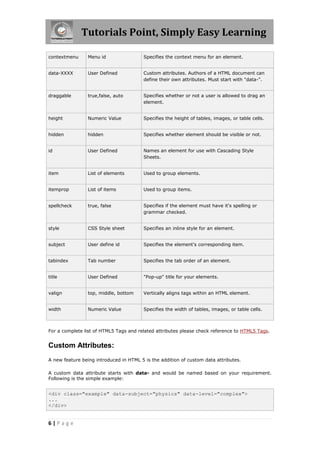 Tutorials Point, Simply Easy Learning
6 | P a g e
contextmenu Menu id Specifies the context menu for an element.
data-XXXX User Defined Custom attributes. Authors of a HTML document can
define their own attributes. Must start with "data-".
draggable true,false, auto Specifies whether or not a user is allowed to drag an
element.
height Numeric Value Specifies the height of tables, images, or table cells.
hidden hidden Specifies whether element should be visible or not.
id User Defined Names an element for use with Cascading Style
Sheets.
item List of elements Used to group elements.
itemprop List of items Used to group items.
spellcheck true, false Specifies if the element must have it's spelling or
grammar checked.
style CSS Style sheet Specifies an inline style for an element.
subject User define id Specifies the element's corresponding item.
tabindex Tab number Specifies the tab order of an element.
title User Defined "Pop-up" title for your elements.
valign top, middle, bottom Vertically aligns tags within an HTML element.
width Numeric Value Specifies the width of tables, images, or table cells.
For a complete list of HTML5 Tags and related attributes please check reference to HTML5 Tags.
Custom Attributes:
A new feature being introduced in HTML 5 is the addition of custom data attributes.
A custom data attribute starts with data- and would be named based on your requirement.
Following is the simple example:
<div class="example" data-subject="physics" data-level="complex">
...
</div>
 