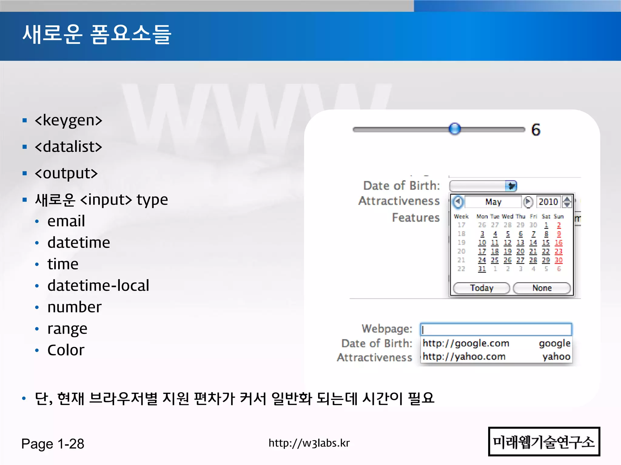 새로운 폼요소들



 <keygen>
 <datalist>
 <output>
 새로운 <input> type
 • email
 • datetime
 • time
 • datetime-local
 • number
 • range
 • Color


• 단, 현재 브라우저별 지원 편차가 커서 일반화 되는데 시간이 필요


Page 1-28             http://w3labs.kr
 