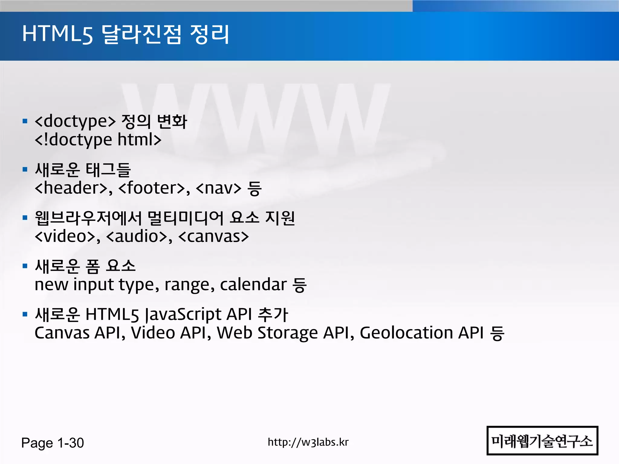 HTML5 달라진점 정리



 <doctype> 정의 변화
  <!doctype html>
 새로운 태그들
  <header>, <footer>, <nav> 등
 웹브라우저에서 멀티미디어 요소 지원
  <video>, <audio>, <canvas>
 새로운 폼 요소
  new input type, range, calendar 등
 새로운 HTML5 JavaScript API 추가
  Canvas API, Video API, Web Storage API, Geolocation API 등




Page 1-30                       http://w3labs.kr
 