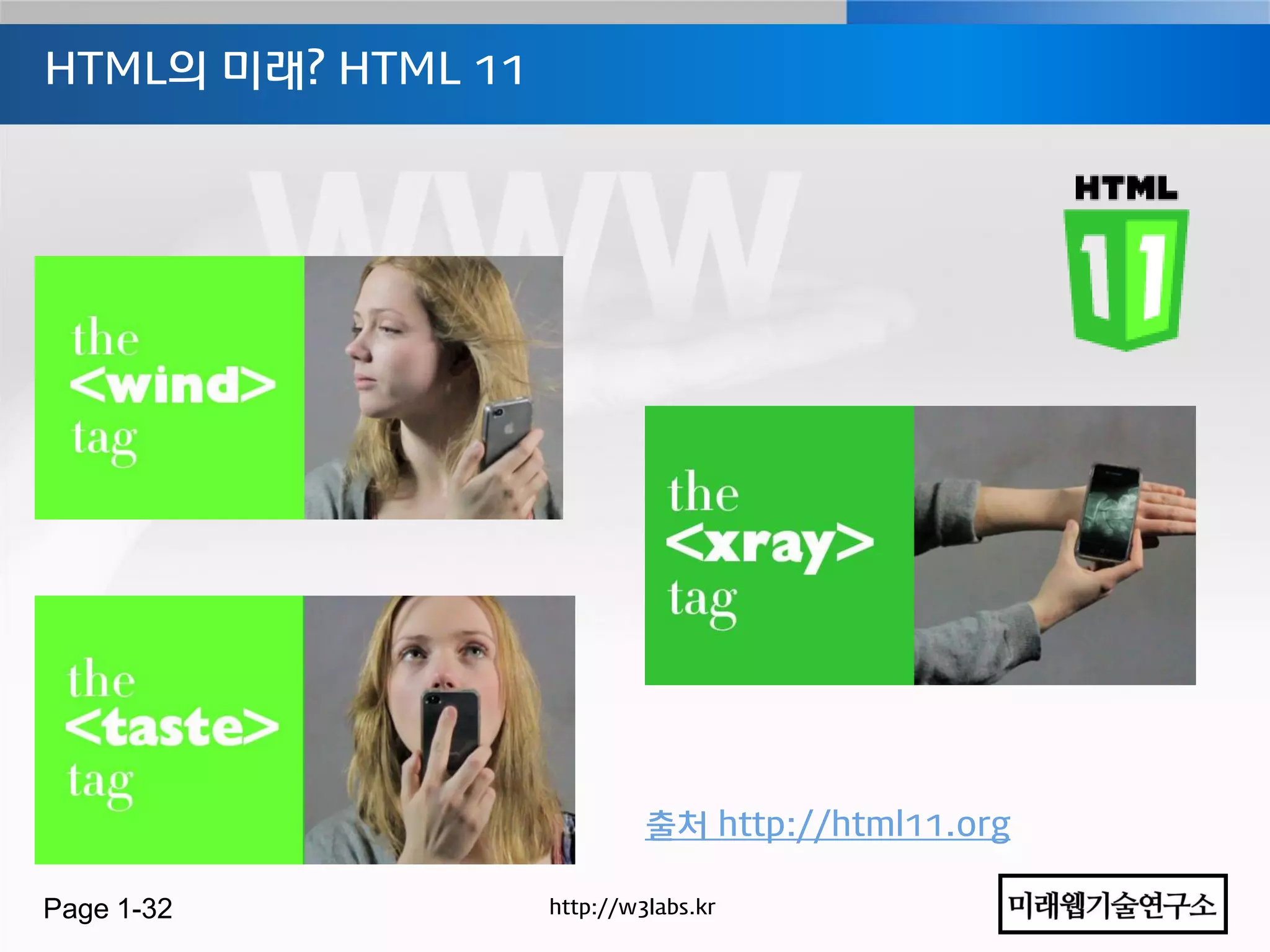 HTML의 미래? HTML 11




                             출처 http://html11.org

Page 1-32           http://w3labs.kr
 