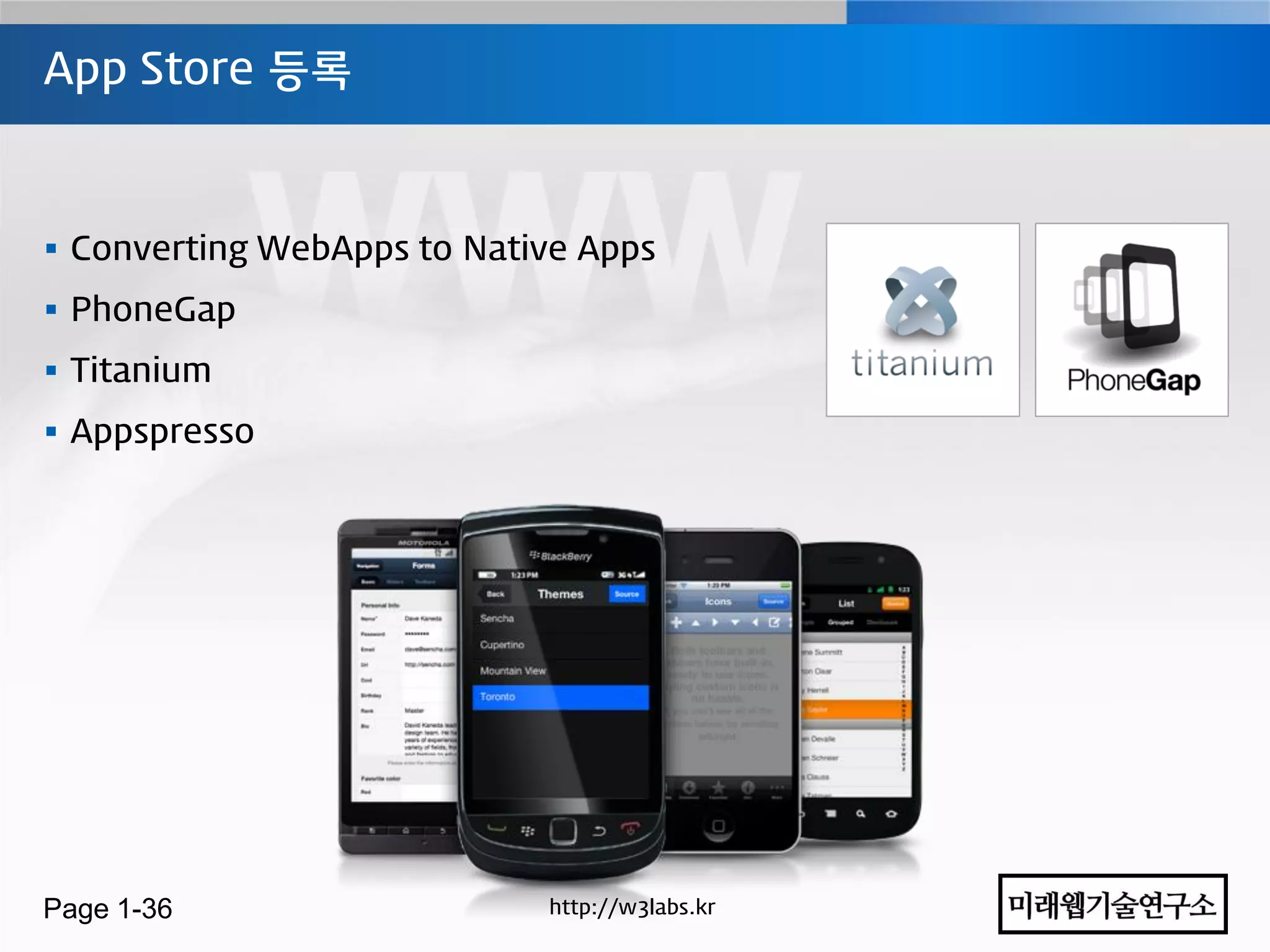 App Store 등록



 Converting WebApps to Native Apps
 PhoneGap
 Titanium
 Appspresso




Page 1-36                   http://w3labs.kr
 