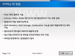 HTML5 의 장점



 W3C 제정 웹표준 기술
 Canvas, Video, Audio 태그의 추가로 멀티미디어 기능 대폭 강화
 플래시의 역할 대체가능해 짐
 Web Workers, Web Storage, Geolocation 기능을 통한 애플리케이션 제작
  가능
 웹브라우저 벤더들이 빠르게 제품에 반영
 데스크탑 브라우저 및 모바일 브라우저에서 모두 지원
 모바일 홖경에서도 응용범위가 많다




Page 1-10               http://w3labs.kr
 