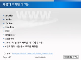 새롭게 추가된 태그들



 <article>
 <aside>
 <footer>
 <header>
 <nav>
 <progress>
 <section>
 <time> 외 30개로 새로운 태그[1] 추가됨.
 시맨틱 웹과 나은 문서 구조를 지향함


 [1] 출처 : http://w3schools.com/html5/html5_reference.asp

Page 1-23                          http://w3labs.kr
 
