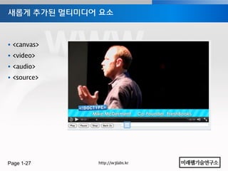 새롭게 추가된 멀티미디어 요소



 <canvas>
 <video>
 <audio>
 <source>




Page 1-27    http://w3labs.kr
 