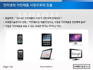 인터넷의 가젂제품 시장으로의 진출



 퀄컴회장 : “2014년 가젂제품의 70%가 인터넷에 연결된다.”
 미래웹기술연구소 젂망 : “아이패드는 애플이 만드는 가정용 가젂제품중 첫번째에 불과”
 수많은 가젂제품을 묶을 수 있는 유일한 언어는 HTML5 이다.




Page 1-33              http://w3labs.kr
 