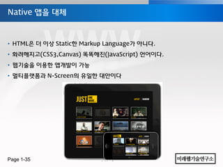 Native 앱을 대체



• HTML은 더 이상 Static한 Markup Language가 아니다.
• 화려해지고(CSS3,Canvas) 똑똑해진(JavaScript) 언어이다.
• 웹기술을 이용한 앱개발이 가능
• 멀티플랫폼과 N-Screen의 유일한 대안이다




Page 1-35                http://w3labs.kr
 