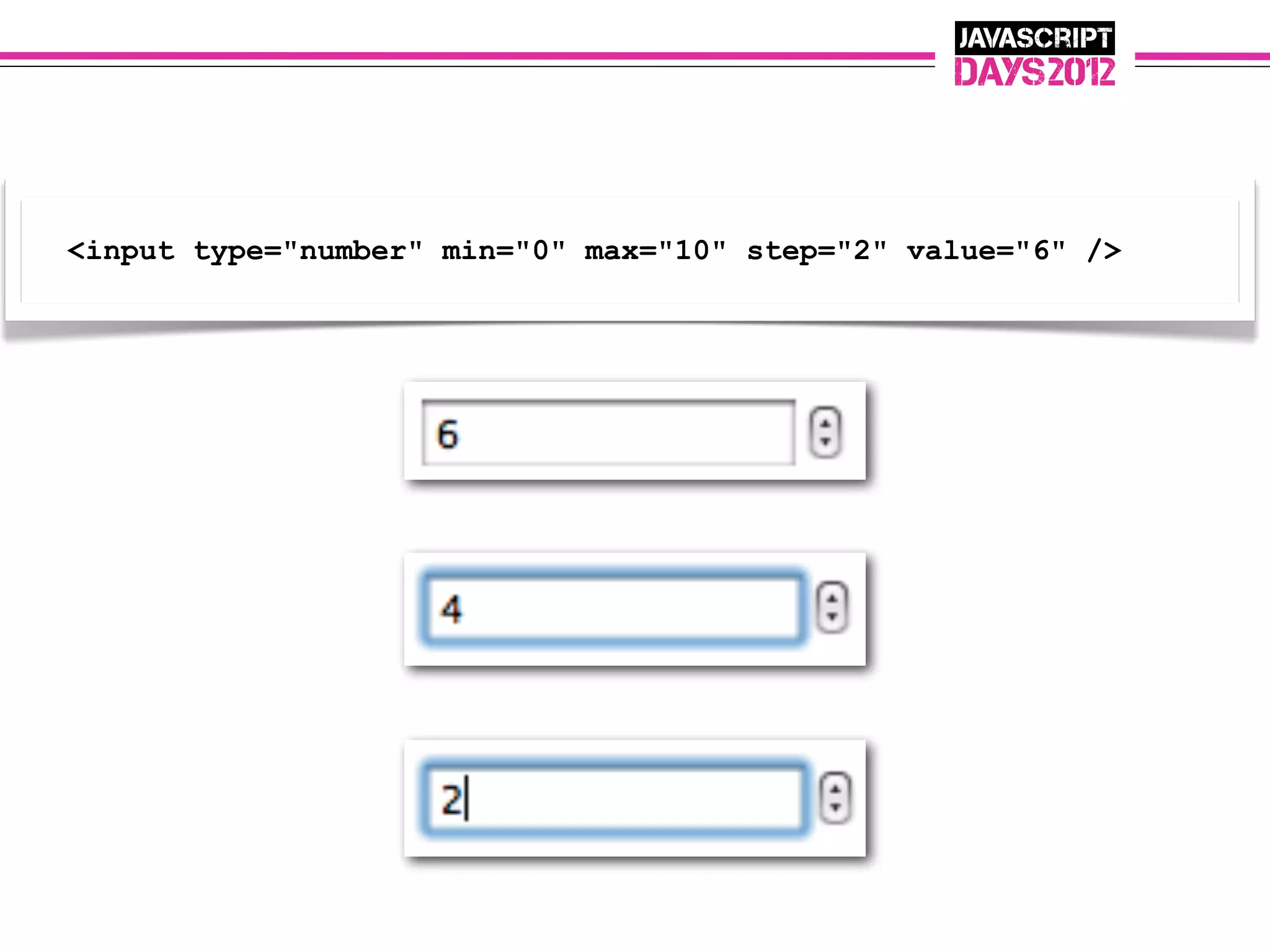 <input type="number" min="0" max="10" step="2" value="6" />
 