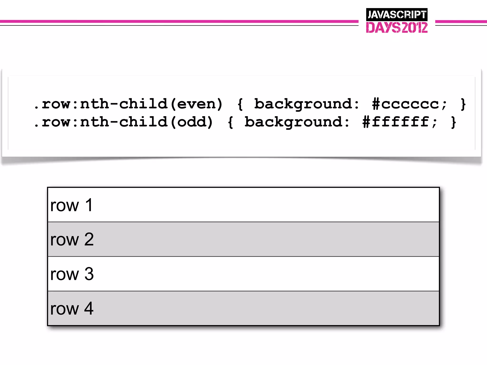 .row:nth-child(even) { background: #cccccc; }
.row:nth-child(odd) { background: #ffffff; }




 row 1
 row 2
 row 3
 row 4
 