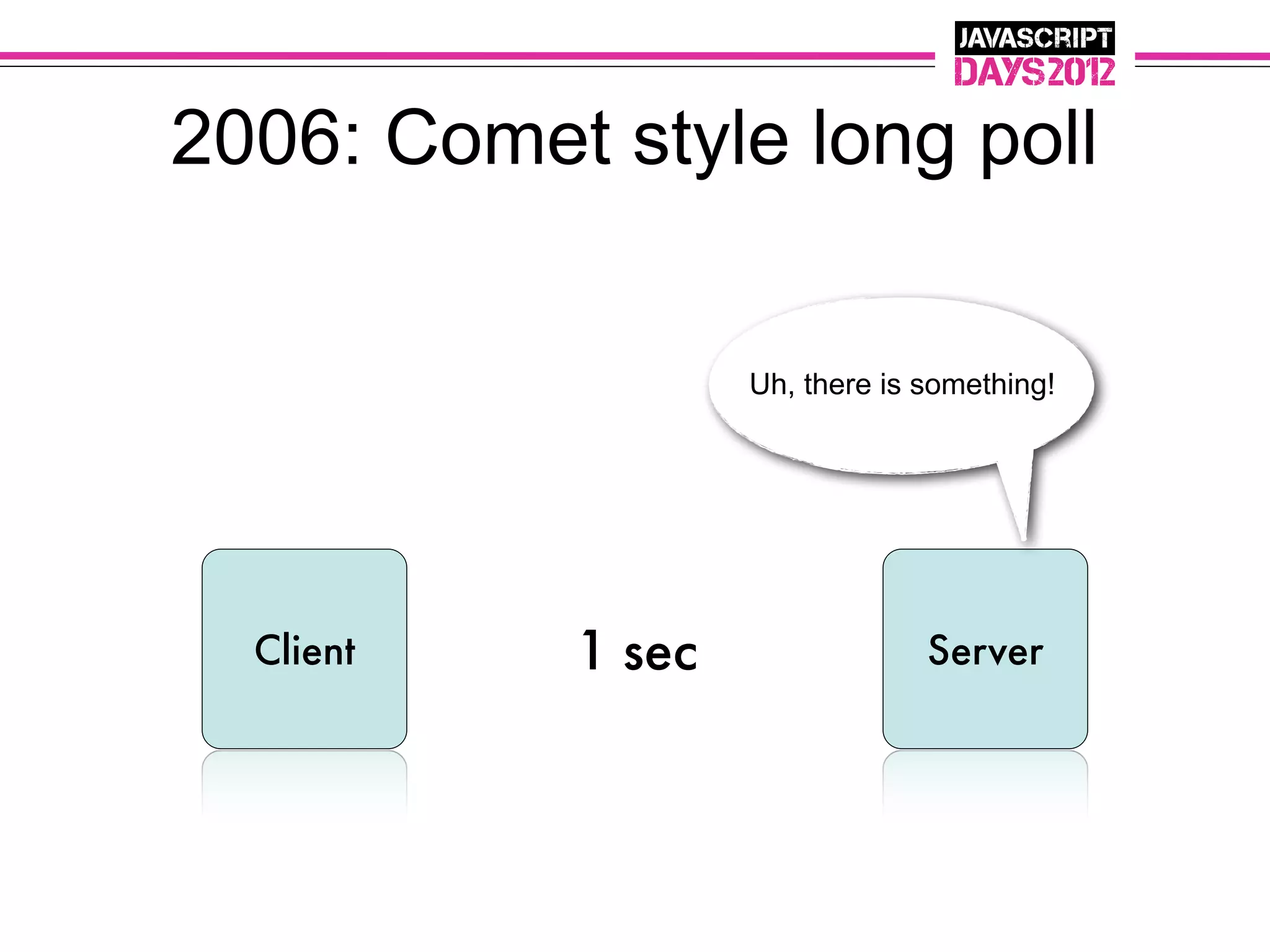 2006: Comet style long poll

                   Uh, there is something!




  Client   1 sec                Server
 