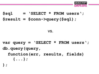 $sql    = ‘SELECT * FROM users‘;
$result = $conn->query($sql);

                 vs.

var query = ‘SELECT * FROM users‘;
db.query(query,
   function(err, results, fields)
     {...};
);
 