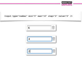 <input type="number" min="0" max="10" step="2" value="6" />
 