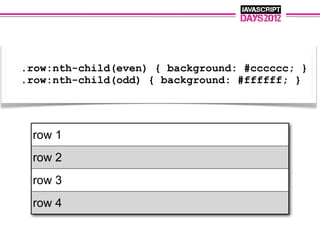 .row:nth-child(even) { background: #cccccc; }
.row:nth-child(odd) { background: #ffffff; }




 row 1
 row 2
 row 3
 row 4
 