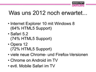 Was uns 2012 noch erwartet...
• Internet Explorer 10 mit Windows 8
  (64% HTML5 Support)
• Safari 5.2
  (74% HTML5 Support)
• Opera 12
  (72% HTML5 Support)
• viele neue Chrome- und Firefox-Versionen
• Chrome on Android im TV
• evtl. Mobile Safari im TV
 