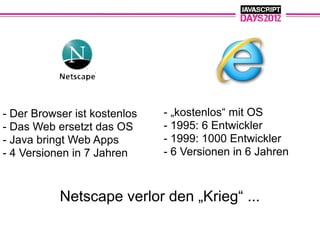 - Der Browser ist kostenlos   - „kostenlos“ mit OS
- Das Web ersetzt das OS      - 1995: 6 Entwickler
- Java bringt Web Apps        - 1999: 1000 Entwickler
- 4 Versionen in 7 Jahren     - 6 Versionen in 6 Jahren



           Netscape verlor den „Krieg“ ...
 