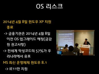 OS 리스크
2014년 4월 8일 윈도우 XP 지원
종료
-> 금융기관은 2014년 4월 8일
이전 OS 업그레이드 예정(금감
원 권고사항)
-> 전세계 악성코드의 57%가 우
리나라에서 유포
MS 최신 운영체제 윈도우 8.1
-> IE11만 지원

 