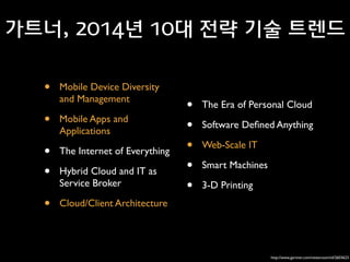 가트너, 2014년 10대 전략 기술 트렌드
•
•

Mobile Device Diversity
and Management	

Mobile Apps and
Applications	


•
•

The Internet of Everything	


•

•
•
•
•
•

The Era of Personal Cloud	

Software Deﬁned Anything	

Web-Scale IT	


Cloud/Client Architecture

Hybrid Cloud and IT as
Service Broker	


Smart Machines	

3-D Printing

http://www.gartner.com/newsroom/id/2603623

 