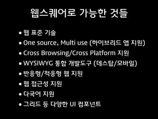 브라우저 별 HTML5 짶원 수준
0
120
240
360
480
600
Chrome
Opera
Firefox
Safari
IE11
IE10
IE9
IE8
Chrome
Firefox 
Mobile
Android
iOS8.0
Windows 
Phone8.1
346
405
452456
493
33
113
297
336
396
449
497501
DESKTOP MOBILE
http://html5test.com/results/desktop.html
 