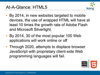 At-A-Glance: HTML5
 By 2014, in new websites targeted to mobile
  devices, the use of wrapped HTML will have at
  least 10 times the growth rate of Adobe Flash
  and Microsoft Silverlight.
 By 2014, 30 of the most popular 100 Web
  applications will work online or off
 Through 2020, attempts to displace browser
  JavaScript with proprietary client-side Web
  programming languages will fail.



Copyright © 2011 Kony Solutions, Inc. CONFIDENTIAL   27
                                                     27
 