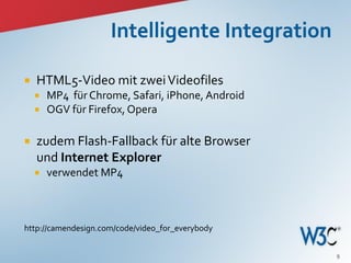   HTML5-Video mit zwei Videofiles
       MP4 für Chrome, Safari, iPhone, Android
       OGV für Firefox, Opera

   zudem Flash-Fallback für alte Browser
    und Internet Explorer
       verwendet MP4



http://camendesign.com/code/video_for_everybody


                                                  9
 