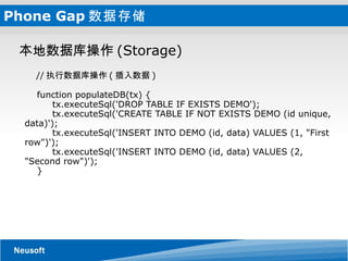 Phone Gap 数据存储      // 执行数据库操作 ( 插入数据 )     function populateDB(tx) {          tx.executeSql('DROP TABLE IF EXISTS DEMO');          tx.executeSql('CREATE TABLE IF NOT EXISTS DEMO (id unique, data)');          tx.executeSql('INSERT INTO DEMO (id, data) VALUES (1, "First row")');          tx.executeSql('INSERT INTO DEMO (id, data) VALUES (2, "Second row")');     } 本地数据库操作 (Storage) 