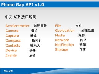 Phone Gap API v1.0 Accelerometer  加速度计 Camera  相机 Capture  捕捉 Compass  指南针 Contacts  联系人 Device  设备 Events  活动 File  文件  Geolocation   地理位置 Media   媒体 Network  网络 Notification  通知 Storage   存储 中文 AIP 接口说明 