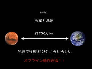 ちなみに



     火星と地球


     約 7000万 km




光速で往復 約25分くらいらしい

 オフライン動作必須！！
 