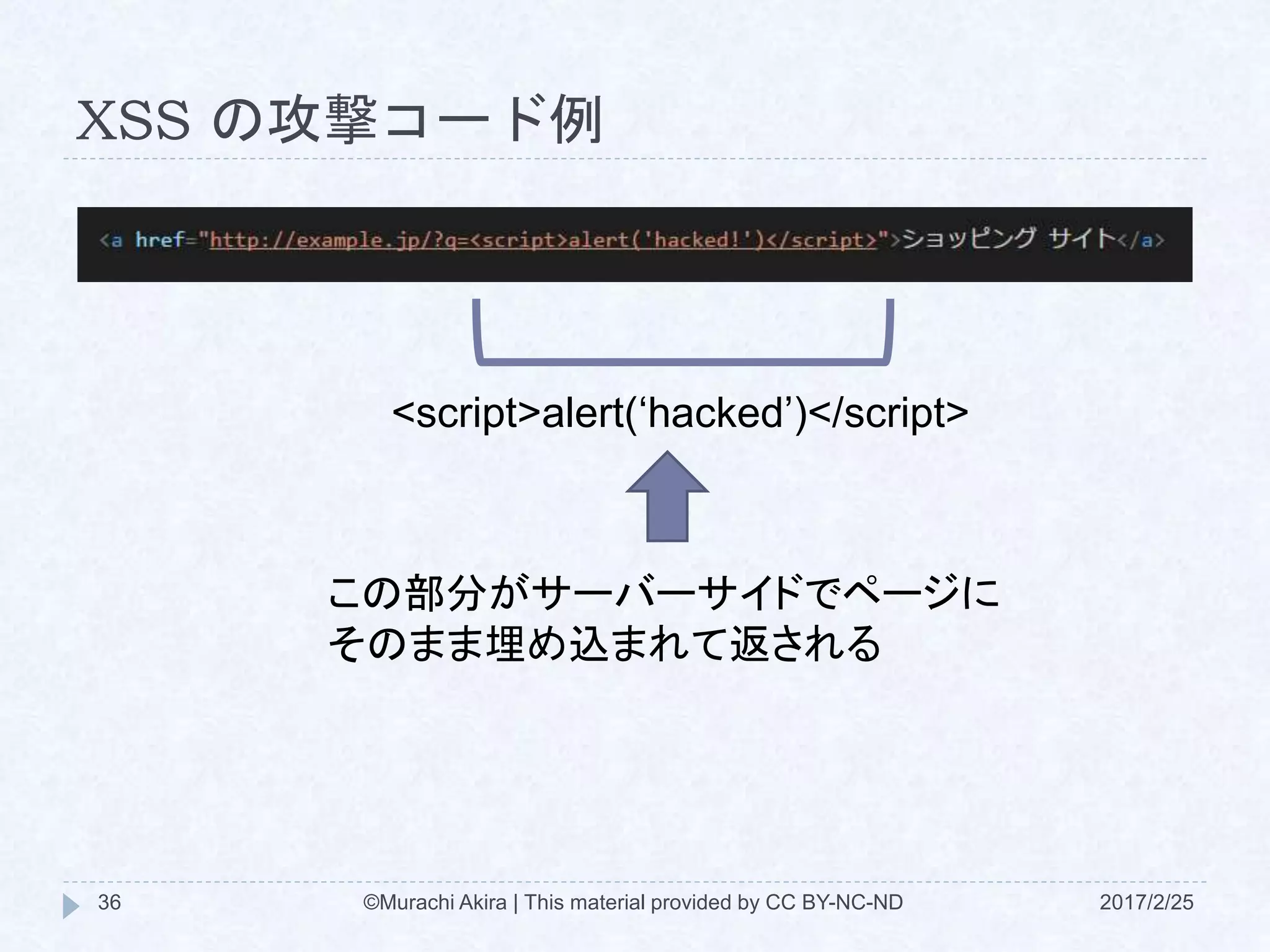 XSS の攻撃コード例
<script>alert(‘hacked’)</script>
この部分がサーバーサイドでページに
そのまま埋め込まれて返される
©Murachi Akira | This material provided by CC BY-NC-ND36 2017/2/25
 