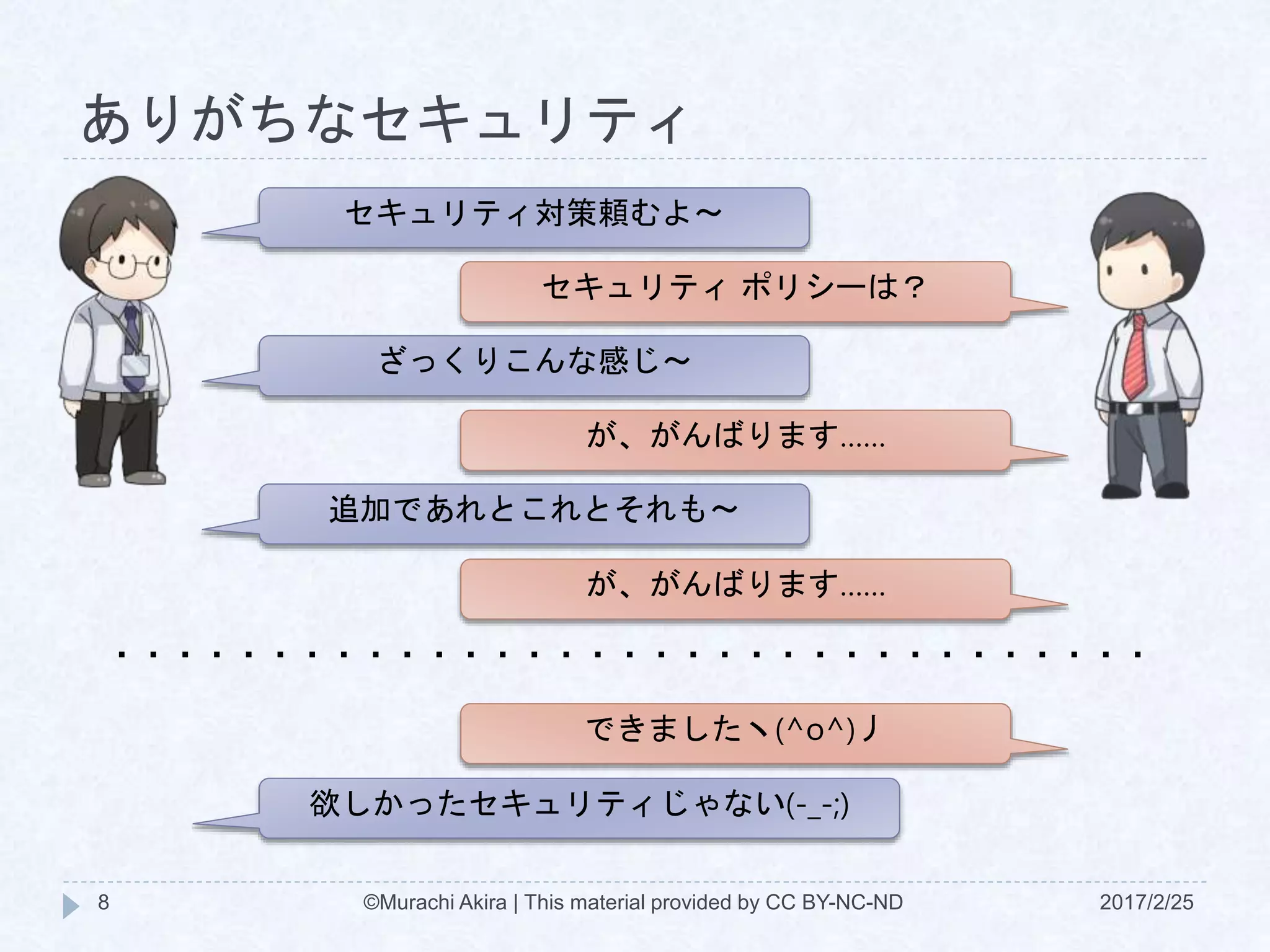 ありがちなセキュリティ
2017/2/25©Murachi Akira | This material provided by CC BY-NC-ND8
セキュリティ対策頼むよ～
セキュリティ ポリシーは？
ざっくりこんな感じ～
が、がんばります……
追加であれとこれとそれも～
が、がんばります……
できましたヽ(^o^)丿
欲しかったセキュリティじゃない(-_-;)
・・・・・・・・・・・・・・・・・・・・・・・・・・・・・・・・・
 