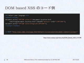 DOM based XSS のコード例
https://www.owasp.org/index.php/DOM_Based_XSS より引用
©Murachi Akira | This material provided by CC BY-NC-ND38 2017/2/25
 