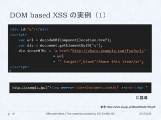 DOM based XSS の実例（1）
に誘導
参考 https://www.ipa.go.jp/files/000024729.pdf
©Murachi Akira | This material provided by CC BY-NC-ND41 2017/2/25
 