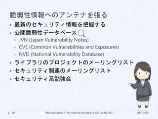 脆弱性情報へのアンテナを張る
 最新のセキュリティ情報を把握する
 公開脆弱性データベース
 JVN (Japan Vulnerability Notes)
 CVE (Common Vulnerabilities and Exposures)
 NVD (National Vulnerability Database)
 ライブラリのプロジェクトのメーリングリスト
 セキュリティ関連のメーリングリスト
 セキュリティ系勉強会
©Murachi Akira | This material provided by CC BY-NC-ND83 2017/2/25
 