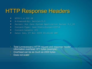HTTP Response HeadersHTTP/1.x 200 OKX-Powered-By: Servlet/2.5Server: Sun Java System Application Server 9.1_02Content-Type: text/html;charset=UTF-8Content-Length: 321Date: Sat, 07 Nov 2009 00:32:46 GMTTotal (unnecessary) HTTP request and response header information overhead: 871 bytes (example)