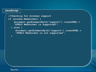 Once upgraded, WebSocket data frames can be sent back and forth between the client and the server in full-duplex modeSource: http://www.slideshare.net/peterlubbers/html5-web-workersunleashed
