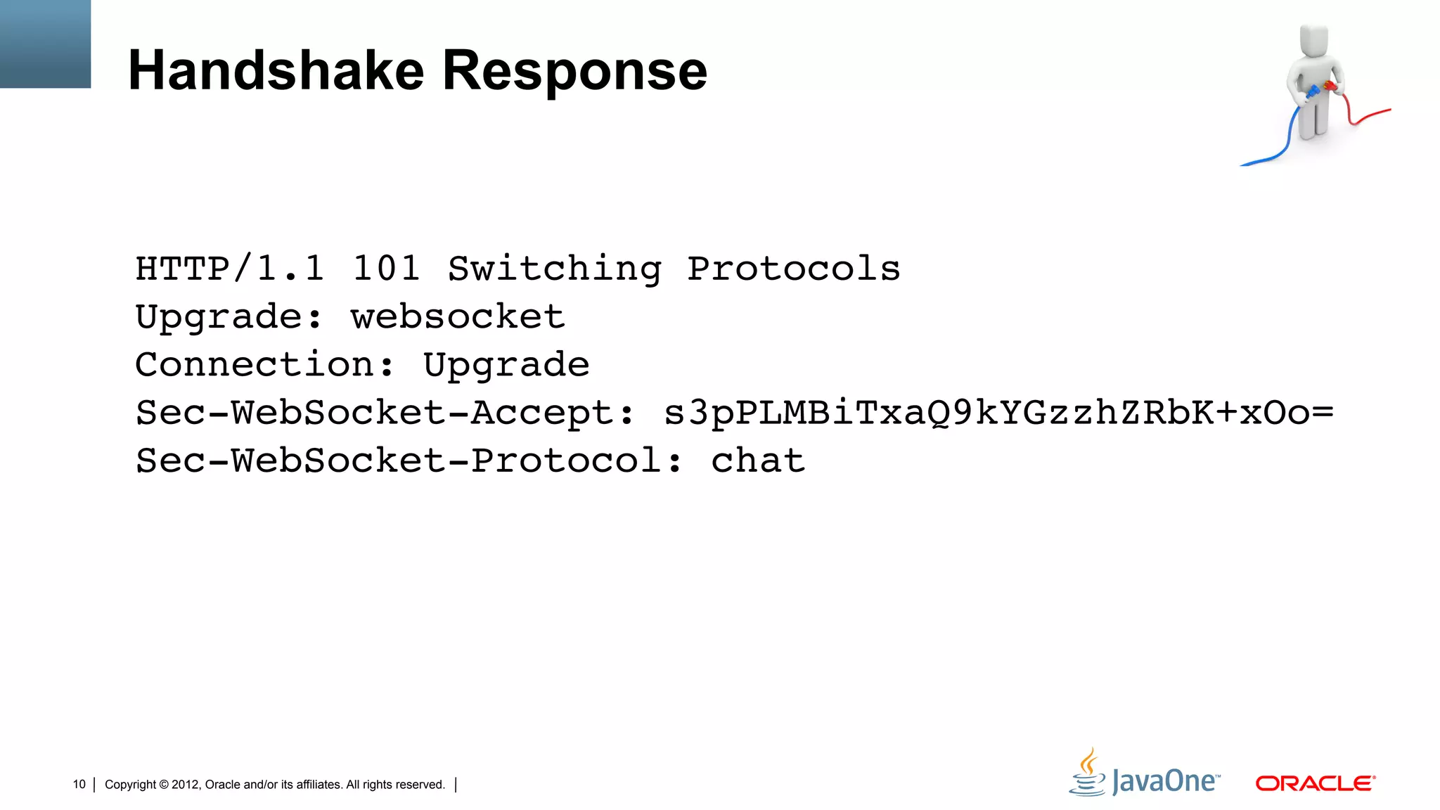 Handshake Response


          HTTP/1.1 101 Switching Protocols 
          Upgrade: websocket 
          Connection: Upgrade 
          Sec-WebSocket-Accept: s3pPLMBiTxaQ9kYGzzhZRbK+xOo= 
          Sec-WebSocket-Protocol: chat "




10   Copyright © 2012, Oracle and/or its affiliates. All rights reserved.
 