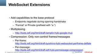WebSocket Extensions


          !  Add capabilities to the base protocol
                     –  Endpoints negotiate during opening handshake
                     –  “Formal” or Private (prefixed with “x-”)
          !  Multiplexing
                     –  http://tools.ietf.org/html/draft-tamplin-hybi-google-mux
          !  Compression: Only non-control frames/messages
                     –  Per-frame:
                            http://tools.ietf.org/html/draft-tyoshino-hybi-websocket-perframe-deflate
                     –  Per-message:
                            http://tools.ietf.org/html/draft-ietf-hybi-permessage-compression
35   Copyright © 2012, Oracle and/or its affiliates. All rights reserved.
 