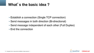 What s the basic idea ?


         !  Establish a connection (Single TCP connection)
         !  Send messages in both direction (Bi-directional)
         !  Send message independent of each other (Full Duplex)
         !  End the connection




6   Copyright © 2012, Oracle and/or its affiliates. All rights reserved.
 