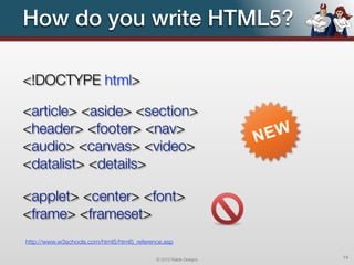 How do you write HTML5?

<!DOCTYPE html>

<article> <aside> <section>
<header> <footer> <nav>
<audio> <canvas> <video>
<datalist> <details>

<applet> <center> <font>
<frame> <frameset>
http://www.w3schools.com/html5/html5_reference.asp

                                            © 2012 Raible Designs   14
 