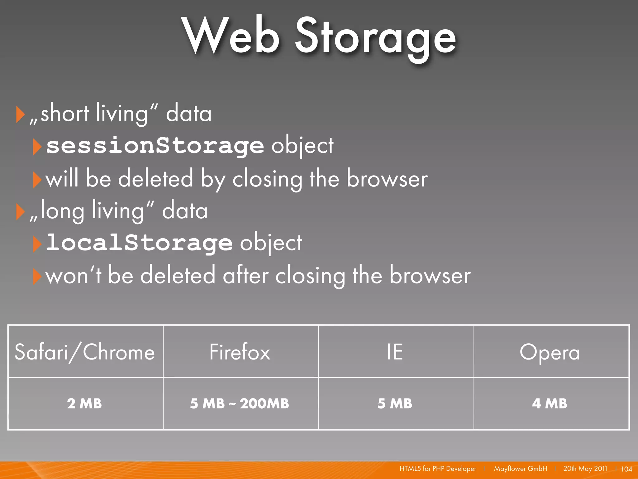 Web Storage
‣„short living“ data
 ‣sessionStorage object
 ‣will be deleted by closing the browser
‣„long living“ data
 ‣localStorage object
 ‣won‘t be deleted after closing the browser

Safari/Chrome     Firefox          IE                                  Opera

     2 MB       5 MB ~ 200MB      5 MB                                    4 MB



                                     HTML5 for PHP Developer I   Mayﬂower GmbH I 20th May 201 I 104
                                                                                             1
 