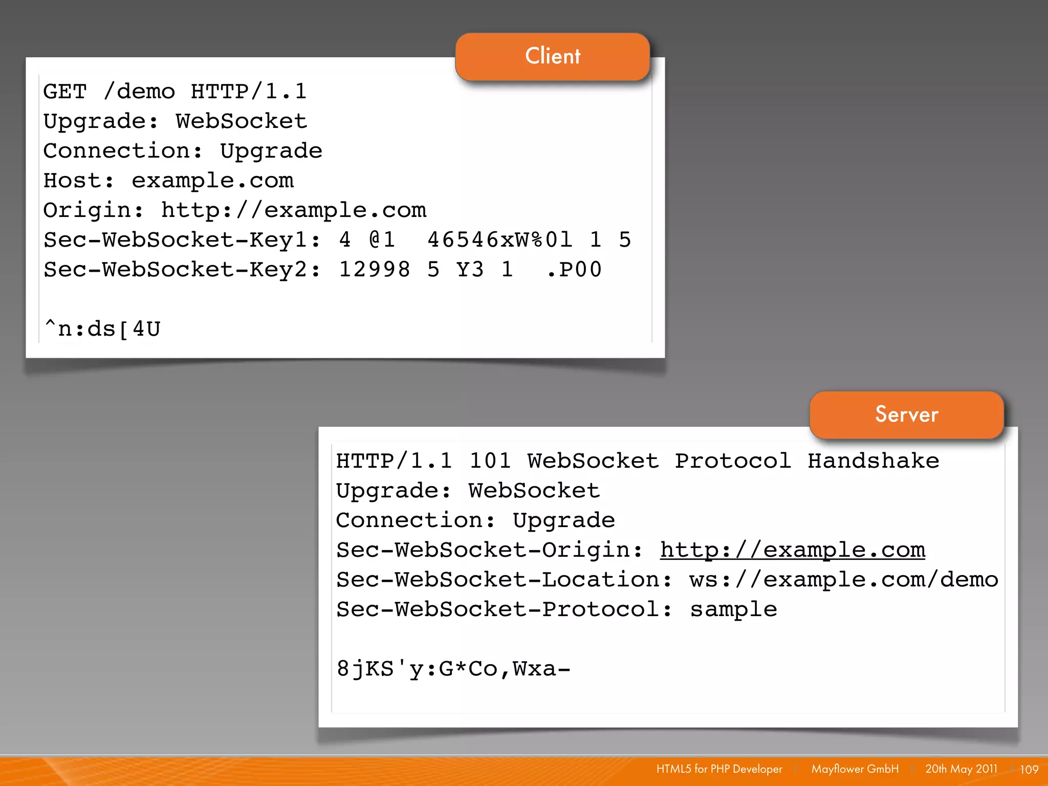Client
GET /demo HTTP/1.1
Upgrade: WebSocket
Connection: Upgrade
Host: example.com
Origin: http://example.com
Sec-WebSocket-Key1: 4 @1 46546xW%0l 1 5
Sec-WebSocket-Key2: 12998 5 Y3 1 .P00

^n:ds[4U


                                                                               Server
                   HTTP/1.1 101 WebSocket Protocol Handshake
                   Upgrade: WebSocket
                   Connection: Upgrade
                   Sec-WebSocket-Origin: http://example.com
                   Sec-WebSocket-Location: ws://example.com/demo
                   Sec-WebSocket-Protocol: sample

                   8jKS'y:G*Co,Wxa-


                                          HTML5 for PHP Developer I   Mayﬂower GmbH I 20th May 201 I 109
                                                                                                  1
 