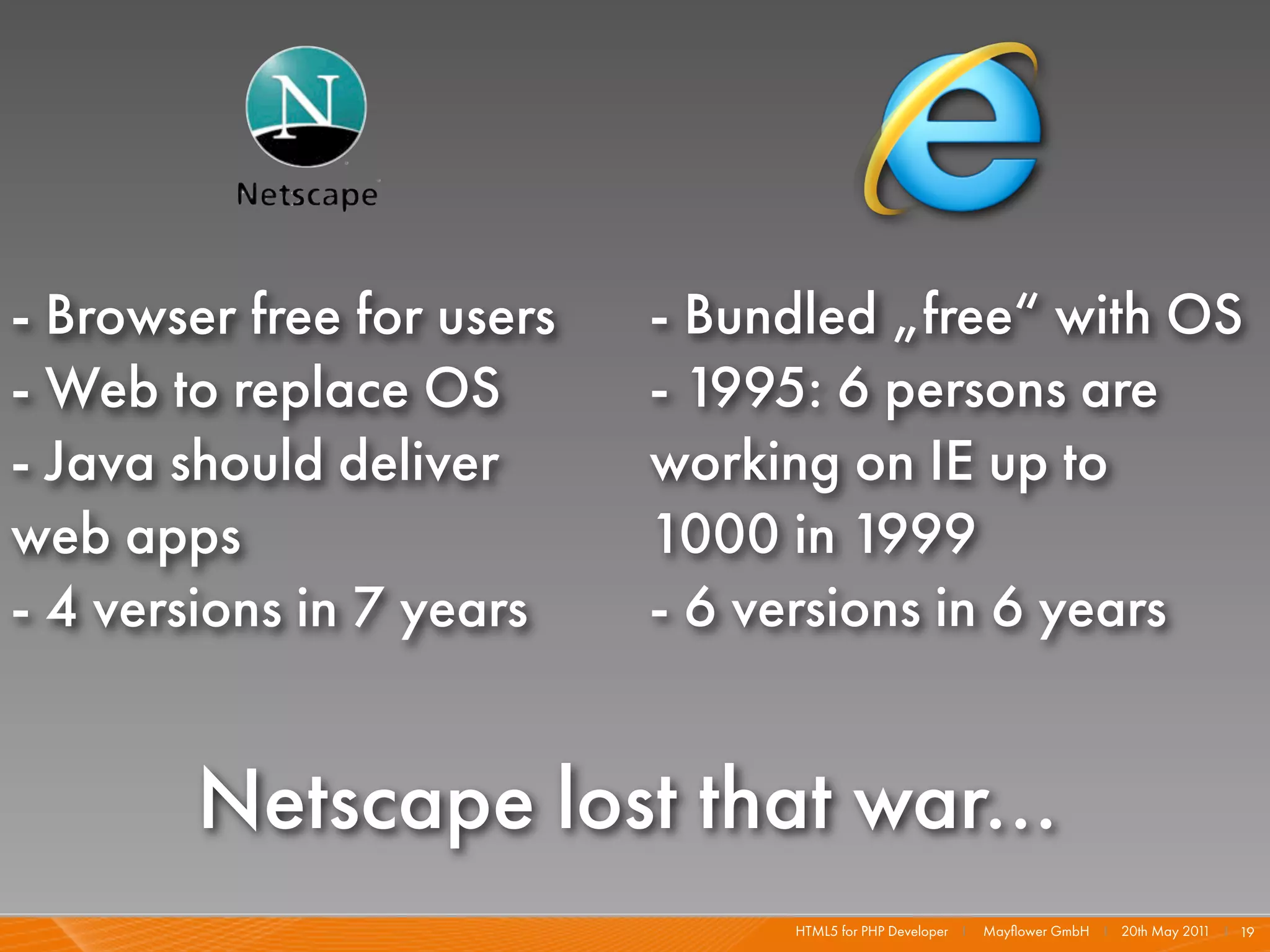 - Browser free for users   - Bundled „free“ with OS
- Web to replace OS        - 1995: 6 persons are
- Java should deliver      working on IE up to
web apps                   1000 in 1999
- 4 versions in 7 years    - 6 versions in 6 years


        Netscape lost that war...
                                HTML5 for PHP Developer I   Mayﬂower GmbH I 20th May 201 I 19
                                                                                        1
 